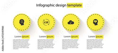 Set Head with low battery, Refund money, Music streaming service and heartbeat. Business infographic template. Vector