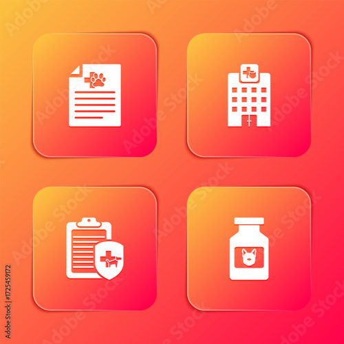 Set Medical certificate for dog or cat, Veterinary medicine hospital, Clinical record pet and Dog bottle icon. Vector