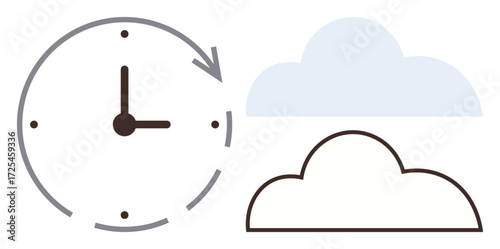 Clock with an arrow and two cloud shapes symbolizing time management, data storage, or cloud synchronization. Ideal for scheduling, backup management, cloud services, automation, productivity