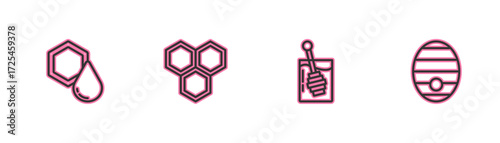 Set line Honeycomb, dipper stick, and Hive for bees icon. Vector