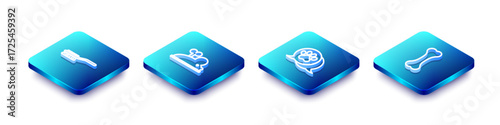 Set Isometric line Hair brush for dog and cat, Clockwork mouse, Paw print and Dog bone icon. Vector