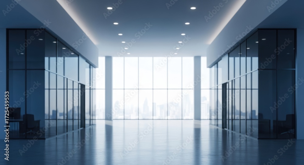 Fototapeta premium Modern Corporate Office Lobby with Glass Walls, Panoramic City View, and Bright Daylight