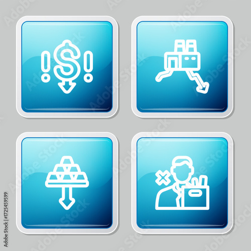 Set line Dollar rate decrease, Shutdown of factory, Gold bars and Employee dismissal icon. Vector