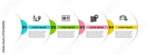 Set line Electric saving plug in leaf, Address book, Solar energy panel and sun and Hydrogen car. Business infographic template. Vector