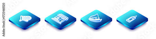 Set Isometric line Oven glove, Barbecue shopping building, Hot chili pepper pod and Mustard bottle icon. Vector
