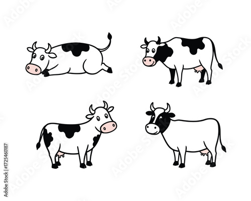 Four adorable cartoon cows in different poses showing their black and white spots and friendly expressions