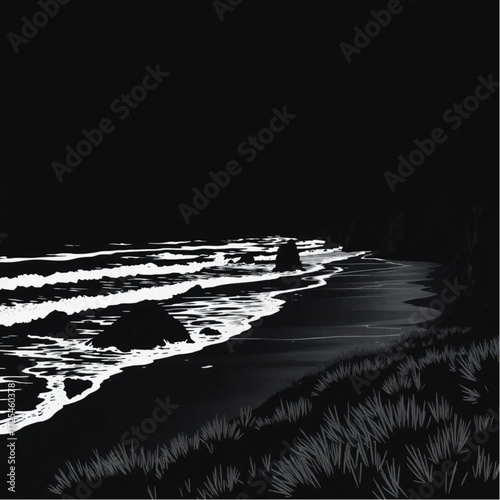 A cinematic depiction of Great Ocean Road during midnight in spring, under windy conditions, capturing unique natural textures and atmospheric mood.