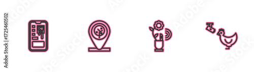 Set line Smart control farming system, technology, Location and tree and Chicken camera icon. Vector
