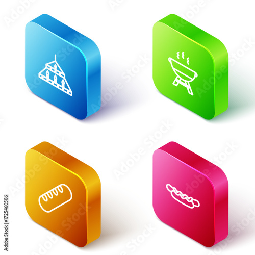 Set Isometric line Massive steel chandelier, Barbecue grill, French baguette bread and Hotdog sandwich icon. Vector