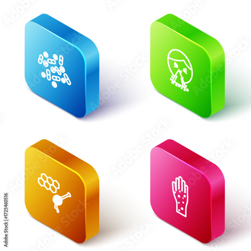 Set Isometric line Medicine pill or tablet, Handkerchief to his runny nose, Honeycomb with honey dipper and psoriasis eczema icon. Vector