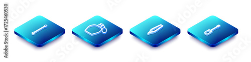 Set Isometric line Cotton swab for ears, Perfume, Eyebrow tweezers and Mascara brush icon. Vector