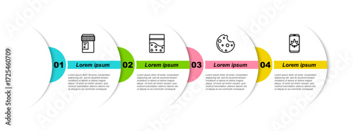 Set line Medical bottle with cannabis, Plastic bag of, Cookies marijuana and Mobile and or. Business infographic template. Vector