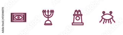 Set line Traditional carpet, Stage stand or tribune, Hanukkah menorah and Pastafarianism icon. Vector