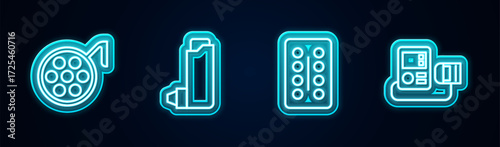 Set line Surgery lamp, Inhaler, Pills in blister pack and Blood pressure. Glowing neon icon. Vector