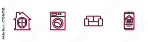 Set line House under protection, Sofa, Washer and Online real estate house icon. Vector