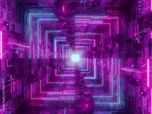 Futuristic neon tunnel loop animation with glowing lights and cyberpunk vibe. Perfect for VJ loops, motion graphics, music visuals, and digital backgrounds.