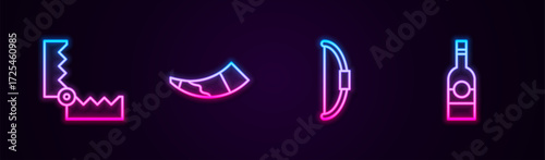Set line Trap hunting, Hunting horn, Bow and Bottle of vodka. Glowing neon icon. Vector