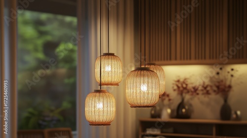 Four hanging lights of different sizes brighten the room. They share a similar design and create a cozy feel.
