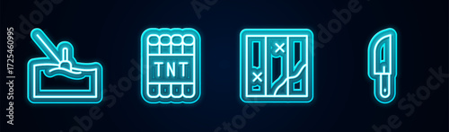 Set line Fishing float in water, Detonate dynamite bomb stick, Folded map and Knife. Glowing neon icon. Vector