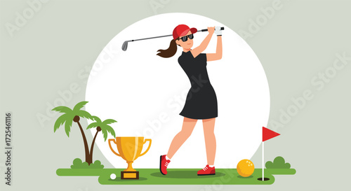 Woman golfer in action with trophy and golf course elements.