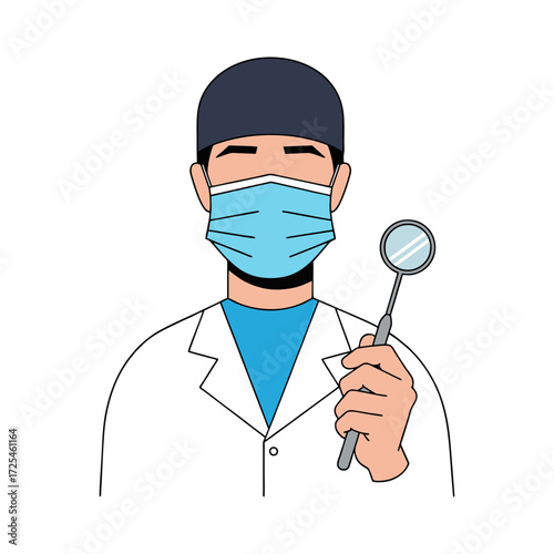 Minimalist vector of dentist with face mask and dental mirror, flat colors, white background.