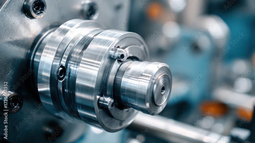 Fototapeta premium factory worker operating lathe machine, shiny metal detail spinning, cinematic shallow depth of field