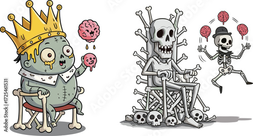 Cartoon zombie king eating brains, skeleton on bone throne, juggling skull clown, spooky horror fantasy illustration, Halloween undead monster character art