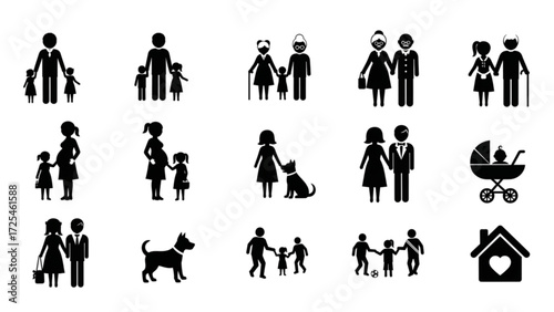 Black Silhouette Family Icon Set – 15 Vector People, Parents, Children, Relationship Symbols