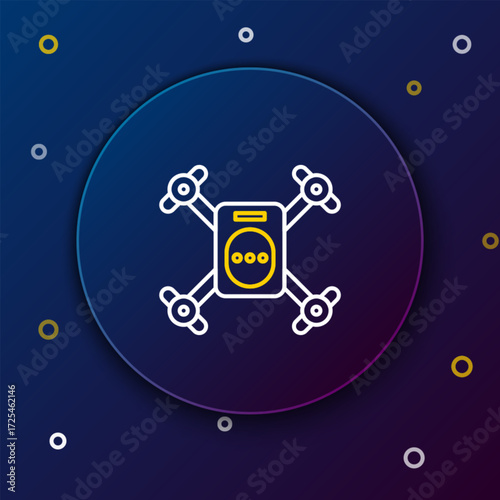 Line Drone flying with action video camera icon isolated on blue background. Quadrocopter with video and photo camera symbol. Colorful outline concept. Vector