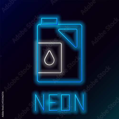 Glowing neon line Canister for motor machine oil icon isolated on black background. Oil gallon. Oil change service and repair. Engine oil sign. Colorful outline concept. Vector