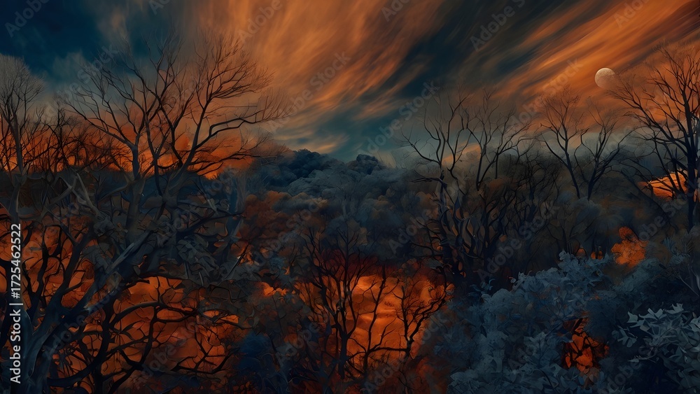 Fototapeta premium Dramatic autumn winter forest under fiery twilight sky