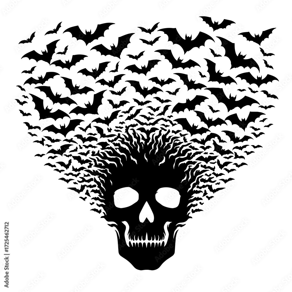 Obraz premium Bat swarm forming skull, black silhouette vector on transparent background