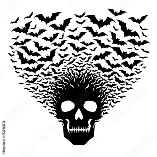Bat swarm forming skull, black silhouette vector on transparent background