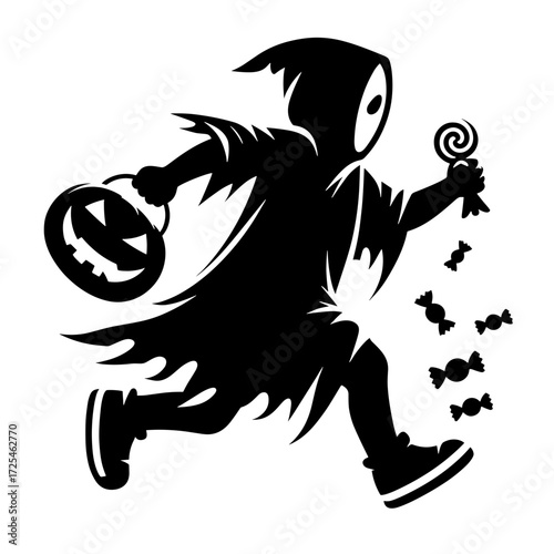 Child in ghost costume with candies, black silhuette vector on transparent background
