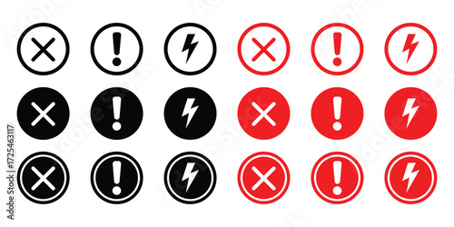 Vector art of set of warning icons in black and red