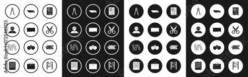 Set Board with graph chart, Chalkboard, Student, Drawing compass, Scissors, Eraser rubber, Office folders papers and documents and Paper clip icon. Vector