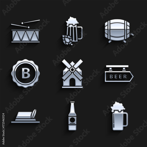 Set Windmill, Beer bottle, Glass of beer, Street signboard with inscription, Oktoberfest hat, Bottle cap, Wooden barrel rack stopcock and Musical instrument drum and drum sticks icon. Vector