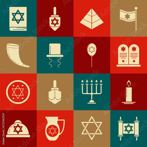 Set Torah scroll, Tombstone with star of david, Egypt pyramids, Orthodox jewish hat sidelocks, Traditional horn, shofar, Jewish torah book and Balloons ribbon icon. Vector