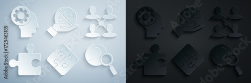 Set Piece of puzzle, Project team base, Magnifying glass for search people, hand and Human head with gear inside icon. Vector