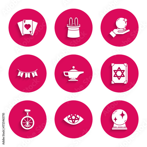Set Magic lamp or Aladdin, Pentagram, ball, Ancient magic book, Unicycle one wheel bicycle, Carnival garland with flags, hand and Playing cards icon. Vector
