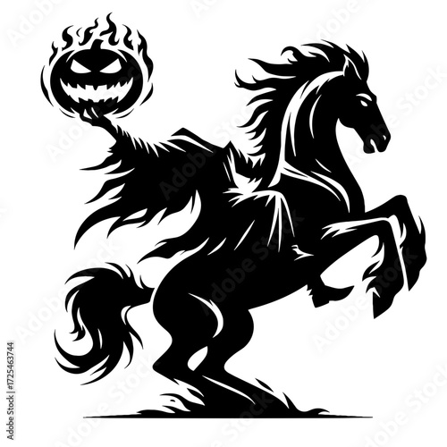 Headless Horseman holding flaming pumpkin, silhouette vector on transparent background