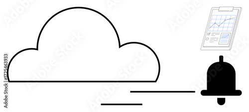 Cloud outline with lines suggesting speed, notification bell, and clipboard featuring analytics. Ideal for technology, cloud computing, data storage, alerts, analytics, notifications efficiency