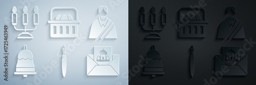 Set Paint brush, Jesus Christ, Ringing bell, Greeting card with Happy Easter, Basket easter eggs and Candelabrum candlesticks icon. Vector