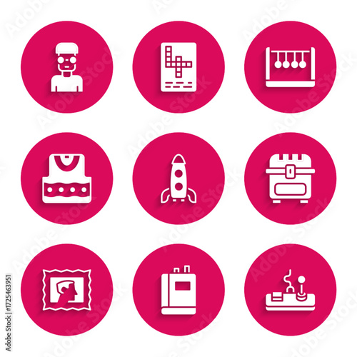 Set Rocket ship, Book, Gamepad, Antique treasure chest, Postal stamp, Waistcoat, Pendulum and Nerd geek icon. Vector