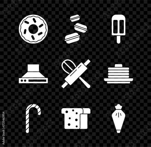 Set Donut, Macaron cookie, Ice cream, Christmas candy cane, Bread toast, Pastry bag, Kitchen extractor fan and whisk rolling pin icon. Vector