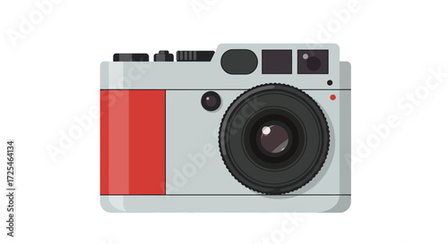 Vintagestyle compact camera with red accent and prominent lens.