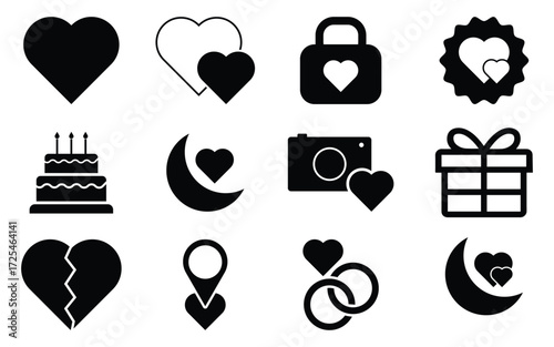 Honeymoon and Romantic Vacation Icons Set – Love, Travel, Plane and Holiday Vector Symbols.