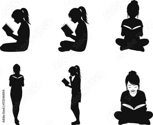 Reading silhouette set, book lover pose, black design, study icon, relaxed posture, learning moment, vector art, quiet activity, mindful theme