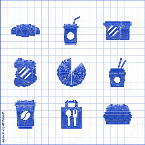 Set Pizza, Online ordering and delivery, Burger, Asian noodles chopsticks, Coffee cup to go, Sandwich, Bread toast and Croissant icon. Vector