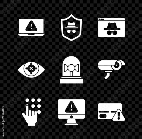 Set Laptop with exclamation mark, Incognito mode, Browser incognito window, Password protection, Monitor, Credit card, Eye scan and Flasher siren icon. Vector